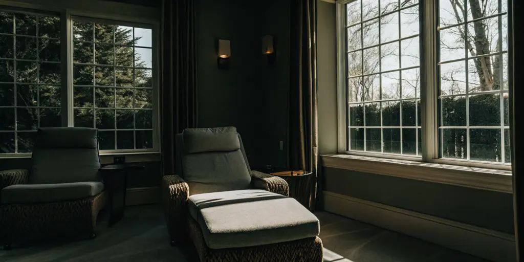 Serene luxury private room at Ohio rehab center with soft natural light, modern furnishings, and elegant decor representing high-end addiction treatment